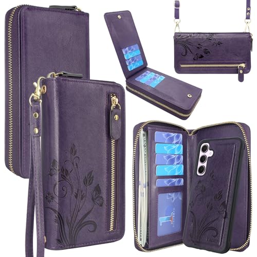 Lacass Wallet for Samsung Galaxy A35 5G, Crossbody Dual Zipper Detachable Magnetic Leather Wallet Case Cover Wristlets Wrist Strap 13 Card Slots Money Pocket(Floral Dark Purple)