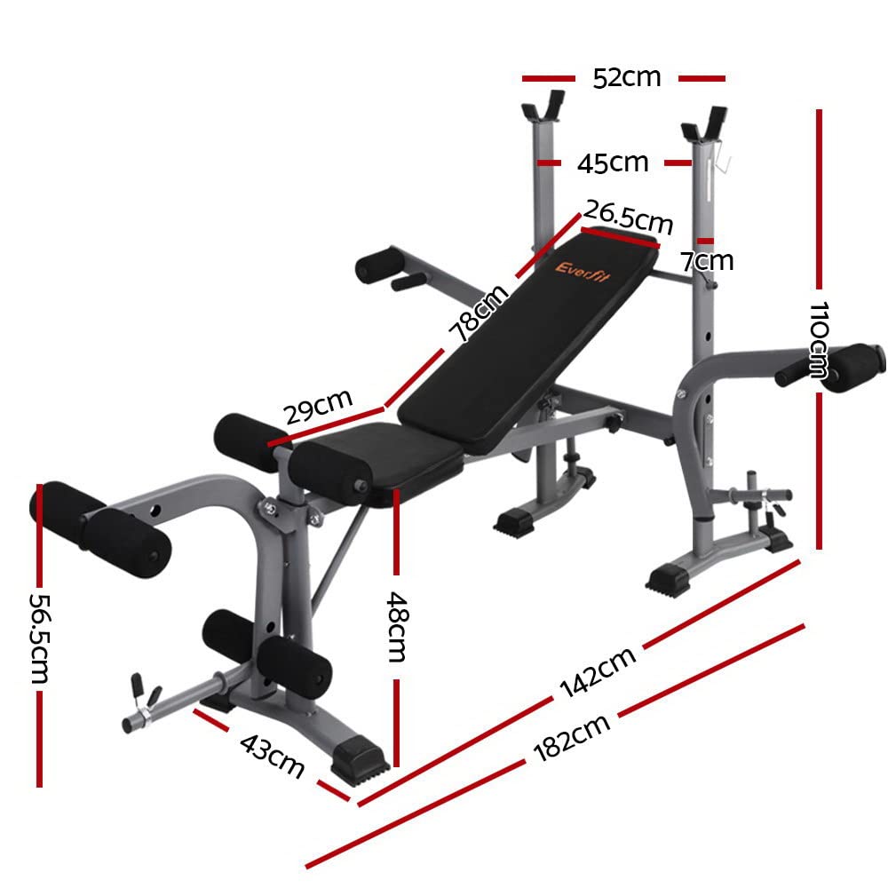 Everfit Weight Bench Adjustable Squat Rack Gym Benches Press Weights Exercise Fitness Equipment Home 8 in 1 Workout Multi Station, Steel Frame with 200kg Capacity and 3 Incline Levels, Grey