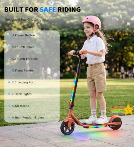 Image of Electric Scooter for Kids Ages 6-12, 150W Motor,10 Mph Max Speed, LED Display, K2-2 Speeds (6 /10 MPH), K2 Pro /K6-3 Speeds, Magnetic Charging, Colorful Light, Dual Brake Scooter for Girls Boys