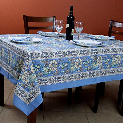 India Arts French Country Floral Print Tablecloth Square Cotton Table Linen Beach Sheet Beach Throw (Blue, Tablelcoth 72 X 72 Inches) #TOP11