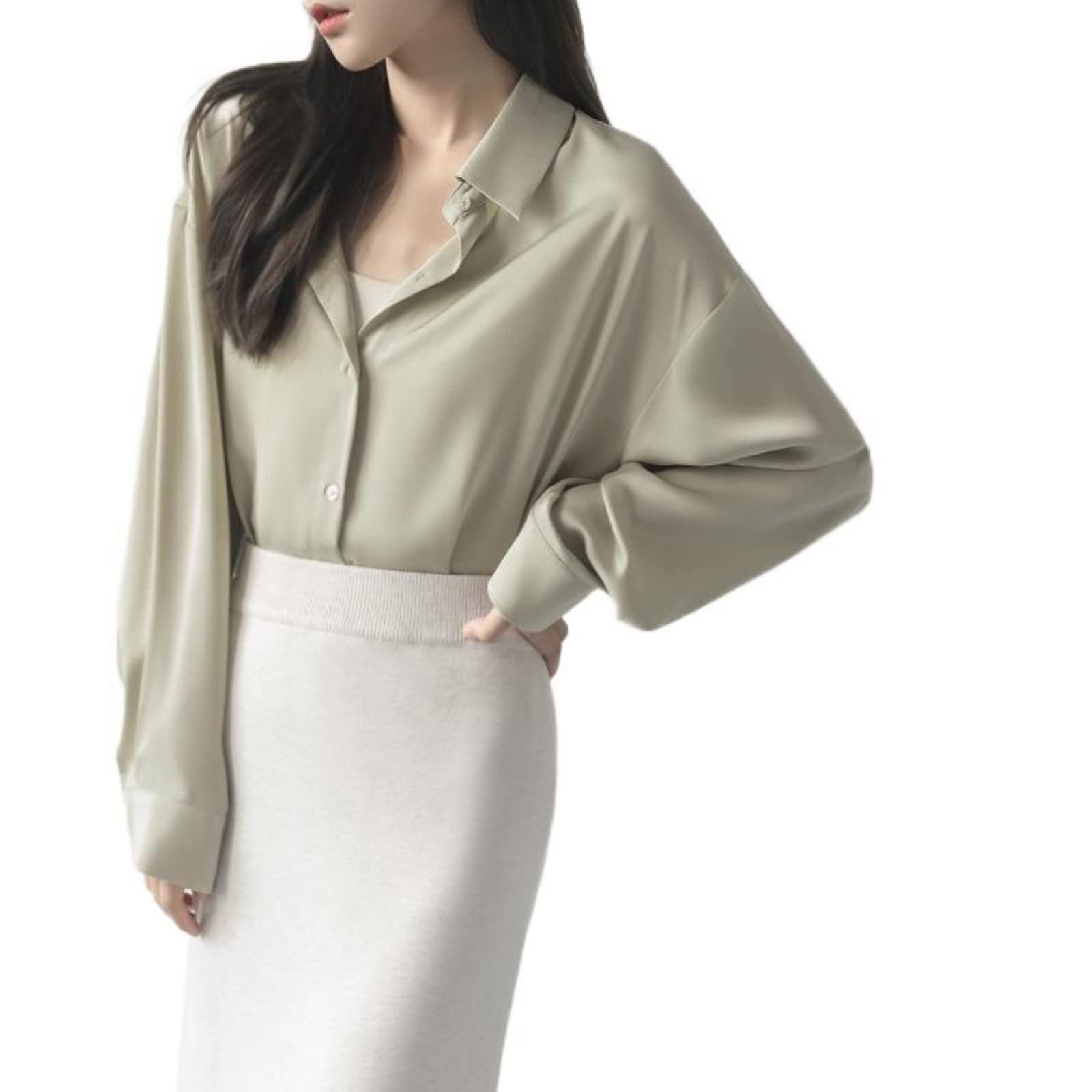 Damen Satin-Hemden – Modische Damen-Langarmhemden, Frühling, Herbst, Lässig, Büro, Damen, Oberteile, Lockeres Revers, Einreihig, Grün, Elegant, Outdoor, Business, Party