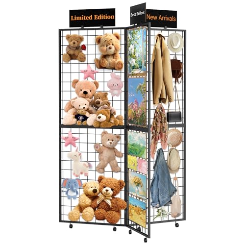 DEMEGA 360° Foldable Grid Wall Panel, Three 6' x 4.25' Ft Double Side Gridwall Display Stand with Notice board, Heavy Duty Sturdy Floorstanding Wire Grid Rack, Movable Wheel for Retail Art Craft Fairs