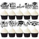 60 Pcs Graduation Cupcake Toppers,Glitter Class of 2026 Cupcake Toppers Grad Cap Cake Toppers Picks 2026 Graduation Party Supplies,Black