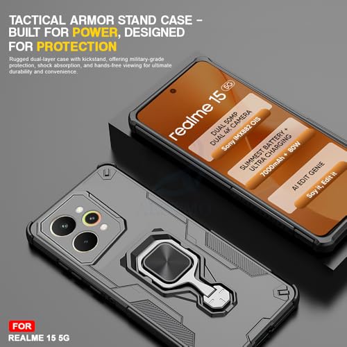 Image of AESTMO Armor Back Cover for Realme 15 5G / 15 Pro 5G | Ring Holder & Kickstand & Camera Protection in-Built | 360 Degree Protection Back Case Cover (Black