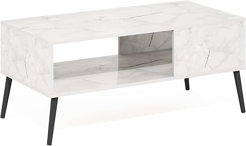 Miniatura 5 de Furinno Claude Mid Century Style - Mesa de centro con patas de madera, color blanco mármol