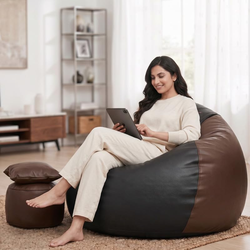 Image of Biggie Bean Bag 4XL Bean Bag Chair with Beans Filled - The Classics Bean Bag Sofa - Combo Set-Styled for Elegance with Free Cushion & Footrest (Matching Color : Xelan Black-Brown)