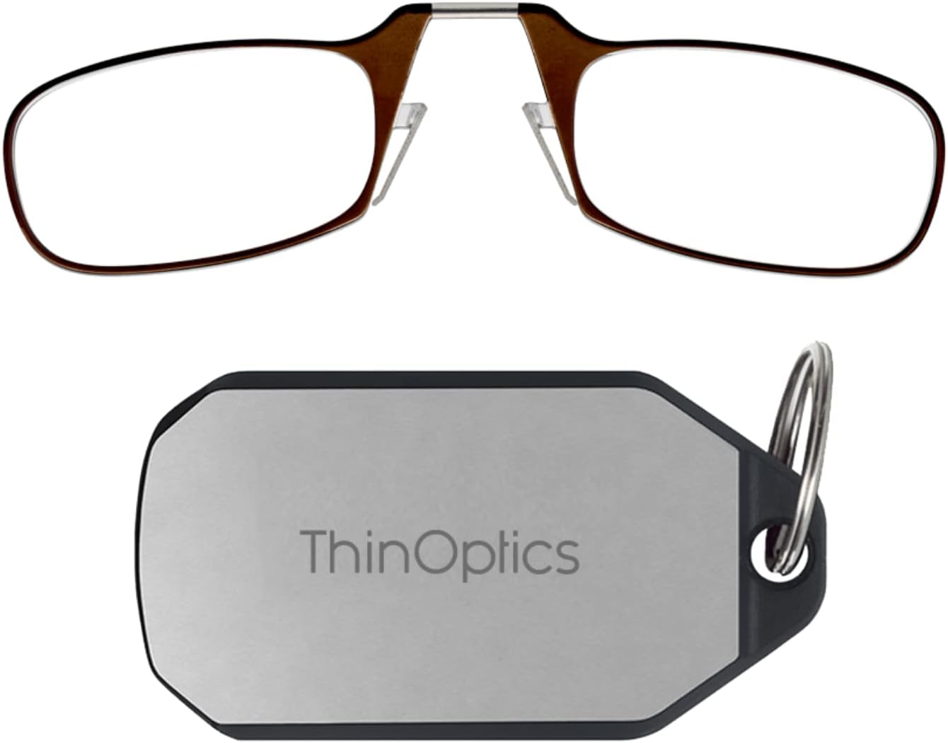 ThinOptics Keychain Case + Rectangular Reading Glasses, Brown, 44 mm + 2