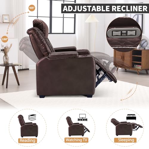 Image of ANJ Power Home Theater Seating Recliner Chairs, PU Leather Recliner with Cup Holder, Electric Movie Theater Reclining Chairs with Adjustable Powered Headrest, LED Lights, Hidden Arm Storage (Brown)