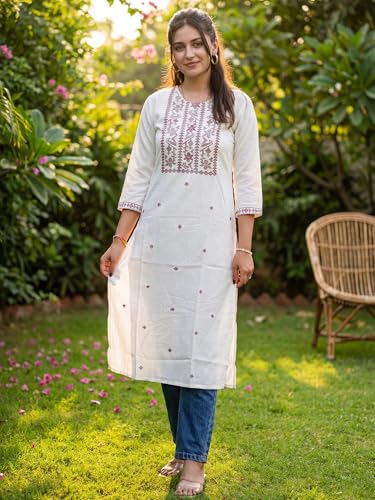 Image of INDO ERA Women's White Viscose Rayon Straight Embroidered Kurta