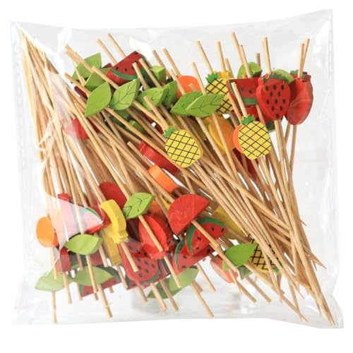 LEBKFT 100 Pcs Wooden Food Picks Set with 5 Assorted Designs, Cocktail Sticks for Appetizers, Fruits, Bar Decorations for Drinks Eco-Friendly Bamboo Cocktail Accessories for Party Supplies
