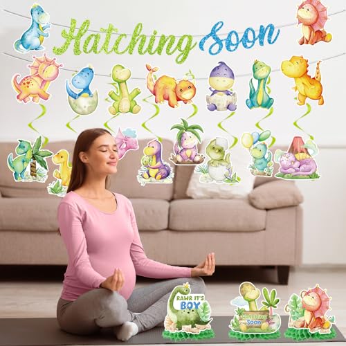 Image of Dinosaur Baby Shower Decorations, No-DIY Hatching Soon Banners Baby Shower Decorations Boys, Cartoon Dinosaur Hanging Swirls Honeycomb Centerpieces Party Decor