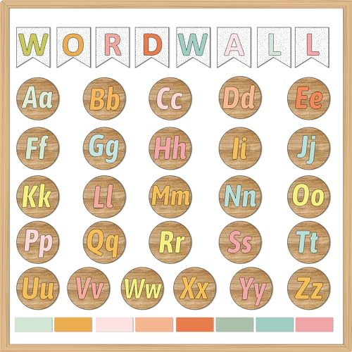 JarThenaAMCS 82 Pcs Groovy Boho Word Wall Bulletin Board Set Colorful Alphabet Letter Cards Alphabet Paper Cutouts for Back to School Home Preschool Classroom Wall Decor