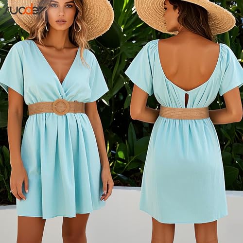 SUOSDEY 2 Pack Straw Woven Elastic Belt Braided Stretch Wide Boho Rattan Waist Belt for Women Dresses2