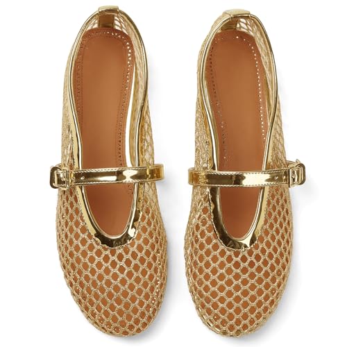 AMINUGAL Mesh Ballet Flats Shoes for Women Fashion Round Toe Fishnet Flats for Women Buckle Strap Mary Jane Shoes Women Comfortable Casual Office Daily Dress Ballerina Shoes3