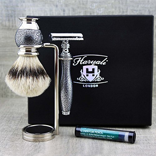 Set da barba per uomini – Argento Antico 3 pezzi – Pennello per rasatura e rasoio + doppio supporto per rasoio e pennelli. Set perfetto per l'uso quotidiano
