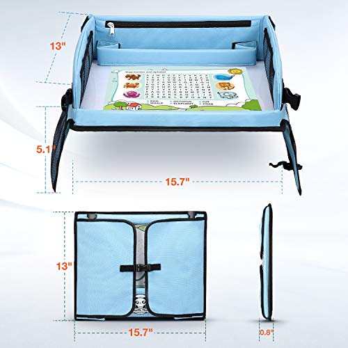 Upgraded Kids Travel Tray with Dry Erase Top Car Seat Travel Tray with 16 Organizer Pockets for Car Stroller Plane With 5 Educational Drawing Blue - Thumbnail 7