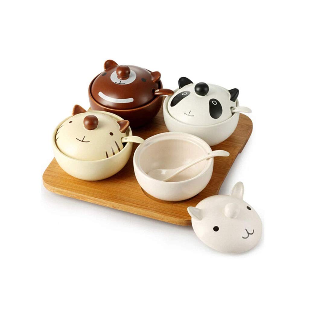 HRWLY Ceramic Spice Jars Sugar Container,Set of 4 Bowl,Condiment Seasoning Box Pot with Lids,Spoon and Tray