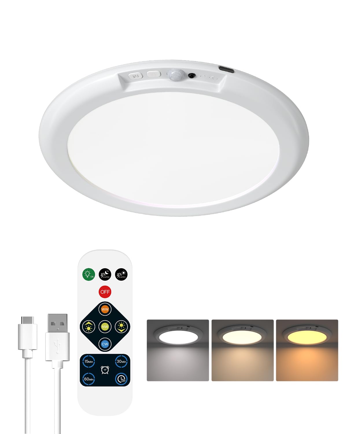 DoRight Rechargeable Motion Sensor Ceiling Light 7.5", 4000mAh Wireless Battery Operated Ceiling Lamp with Remote Control, Dimmable, 3 Color Temperatures, for Bedroom, Garage, Porch, Stairs, Hallway