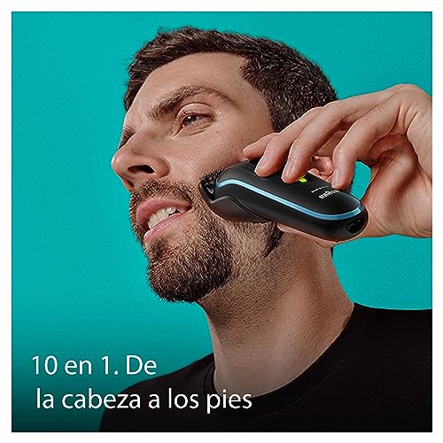 Un hombre utilizando la recortadora Braun para cuidar su barba con la tecnología 10 en 1