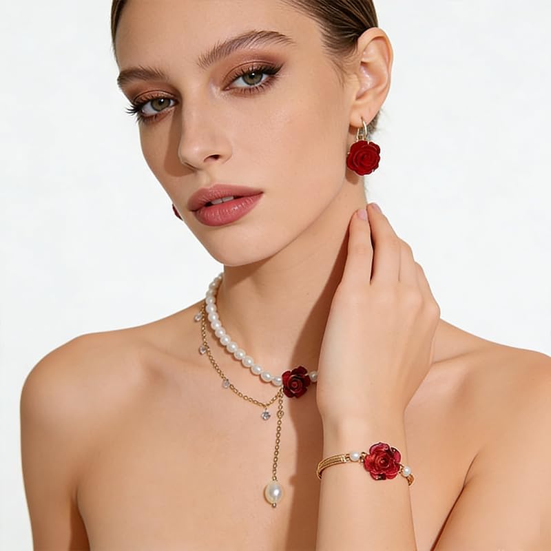 ONLYJUMP 3Pcs Red Velvet Rose Jewelry Set for Women Pearl Choker Necklace Rose Earrings Bracelet Alloy Sweet Romantic Gift for Wedding Birthday Valentine's Day - Image 3