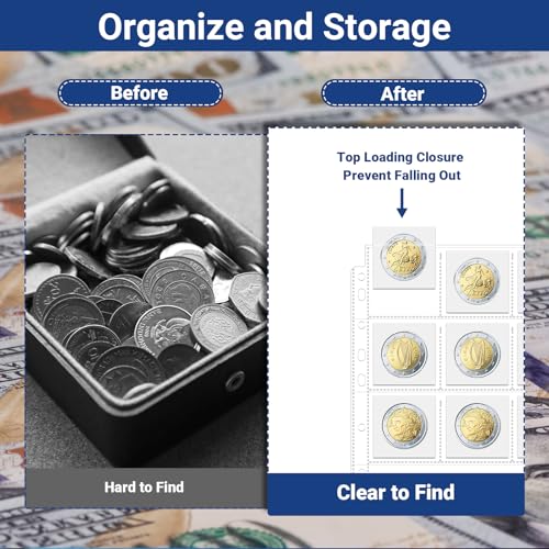 Image of 600 Pockets Acid Free Coin Sleeves, Non Stick and Non Glare, Fit for Coin Flips 2x2 inch, 3 Ring Binder Sleeves Clear Plastic Stamp Collecting Supplies, 30 Pack