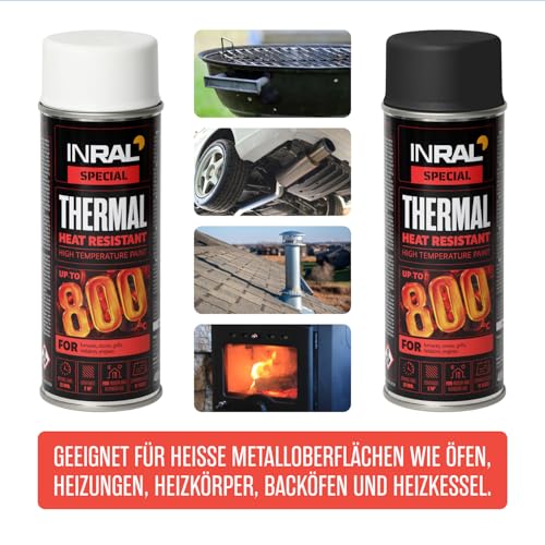 INRAL Hitzebeständiger Lack Schwarz –Auspufflack Schwarz Matt für Metalloberflächen - Langlebige, Hitzebeständige Farbe – 400 ml Schnell Trocknender Ofenlack Schwarz Matt für Heimwerker