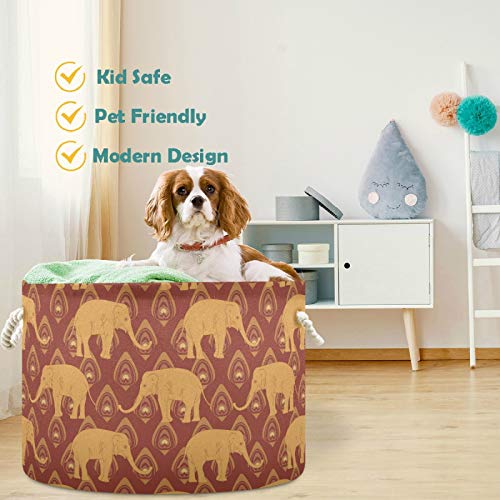 Image of visesunny Storage Basket Brown Elephant Peacock Feather Ethnic Indian Nursery Hamper Basket Clothes Toy Storage Organizer Bin Box Collapsible Laundry Bag for Kid Room,Playroom,Bathroom,Living Room,Dor