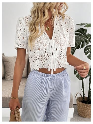 GORGLITTER Women's Floral Tie Front Short Sleeve Blouse Tops Dressy Casual Boho V Neck Eyelet Western Summer Crop Tops3