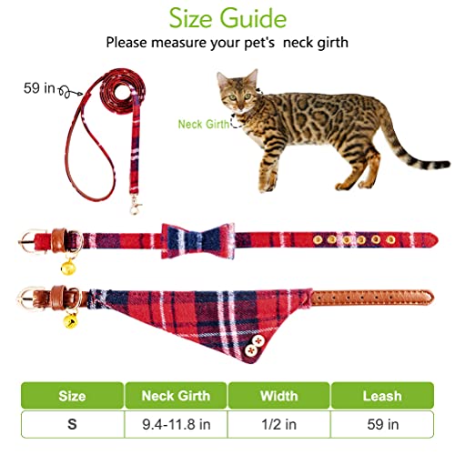 Image of EXPAWLORER Dog Collar and Leash Set - Classic Plaid Dog Bow Tie and Dog Bandana Collar with Bell, Dog Leash Tangle Free, Adjustable Collars for Small Medium Large Dogs Cats, Holiday Ideal Gift