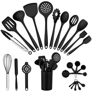 E-far Silicone Cooking Utensils Set, 25 Piece Kitchen Utensils with Holder, Non Toxic Kitchen Tools Spatula, Turner, Spoon, Ladle for Nonstick Cookware, Heat Resistant & Dishwasher Safe – Black