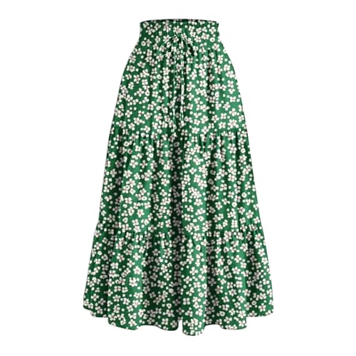Midi Skirts for Women with Pockets Trendy Elastic Waist Pleated Midi Skirt Lounge Flowy Drawstring Printed Clothes