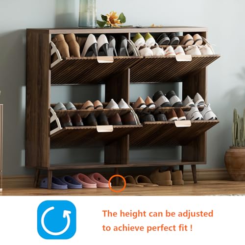 Image of Shoe Cabinet Storage,Modern Freestanding Organizer with 4 Flip Drawers,Narrow Shoe Rack Cabinet for Entryway,Walnut