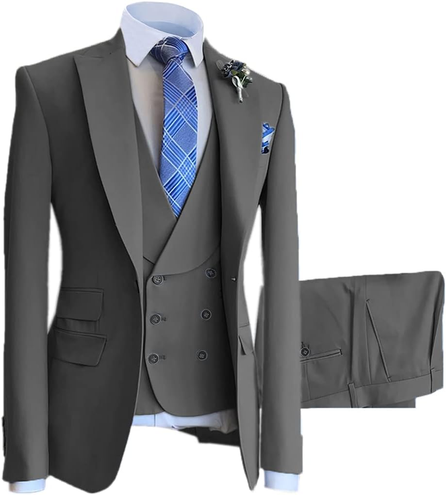 Men's 3 Piece Suit Peak Lapel Forma Tux Slim Fit Solid Suit Groomsman Suit- Blazer, Pants, Vest