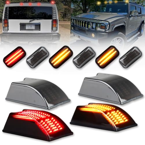 OFFKAT Front & Rear Fender [Ultra-Bright] 2-3 Row Full LED Cab Roof Lights for 2003-2009 Hummer H2, Smoked Len Top Clearance Marker Lamps, Amber & Red Cab Lights, H2 Running Lights Accessories, 10 PCS
