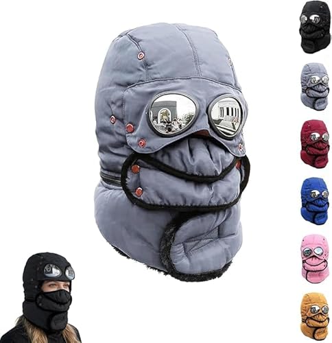 Winter Thermal Trapper Hat with Goggles, Beanie with Glasses Winter Cycling Windproof Ski Mask Cap, Fashion Warm Hat for Cycling Adjustable for Most (Gray)