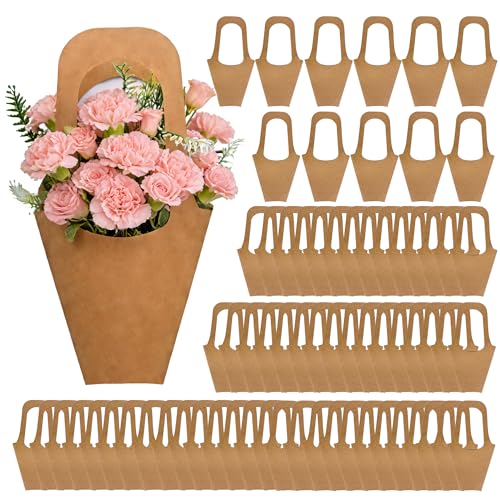 Flower Bags 100 Packs Flower Bags for Bouquets Kraft Paper Flower Gift Bags With Handle Suitable for Flower Shops Flower Bar Weddings Valentines Day Birthday Parties Thanksgiving Home Decoration (13.8 Inches)
