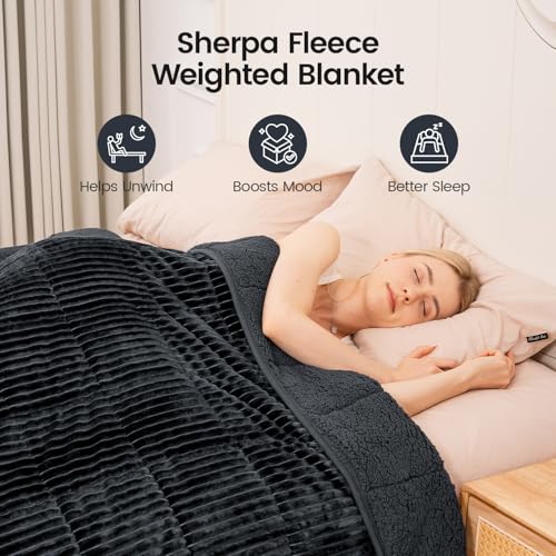 Image of Sherpa Fleece Weighted Blanket with Ribbed Stripes for Adults, 15 lbs Dual Sided Cozy Warm Blanket for Couch Full Size Bed, Glass Beads Heavy Thick Blankets Great for Sleep, Dark Grey, 60 inch x 80 inch