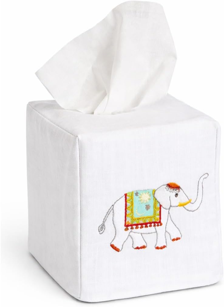 Jacaranda Living Square Tissue Box Cover, Linen/Cotton Tissue Holder, Decorative Cloth Tissue Cover, Fits Standard Square Tissue Boxes, Embroidered Animal Designs, Charming Elephant (Aqua)