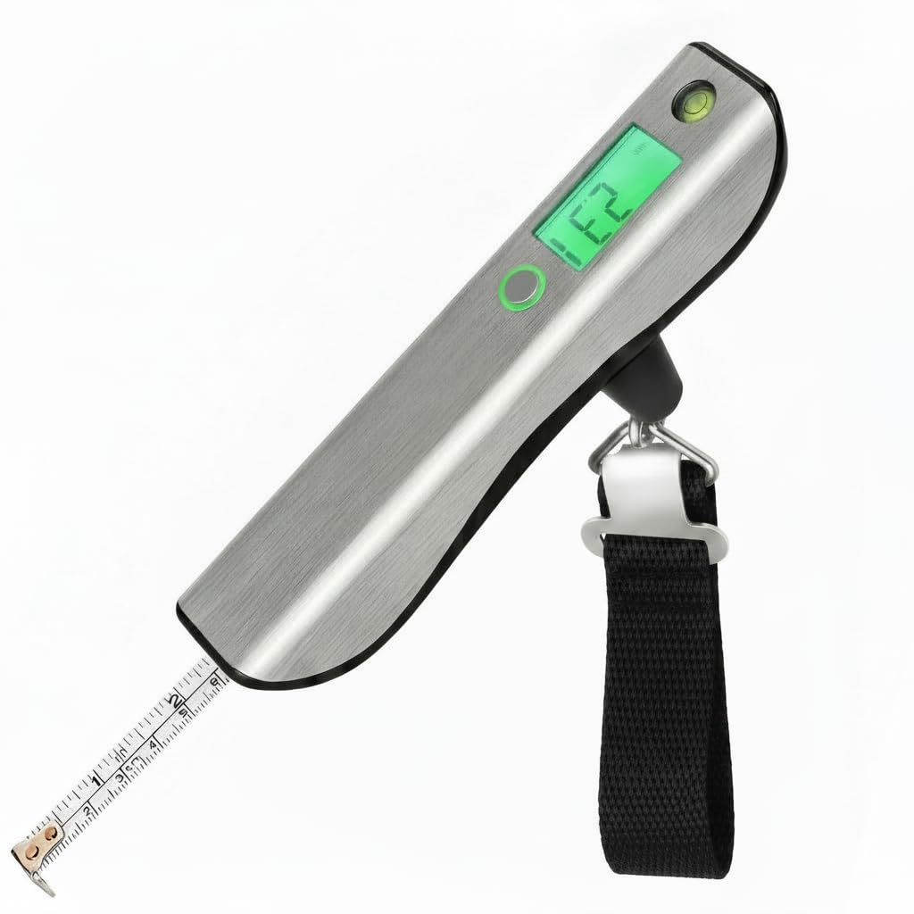 Báscula digital de equipaje de 110 libras/50 kg con cinta métrica de 3 pies, 4 unidades, modo pico y sujeción, nivel de burbuja, báscula de peso portátil para equipaje de mano para artículos