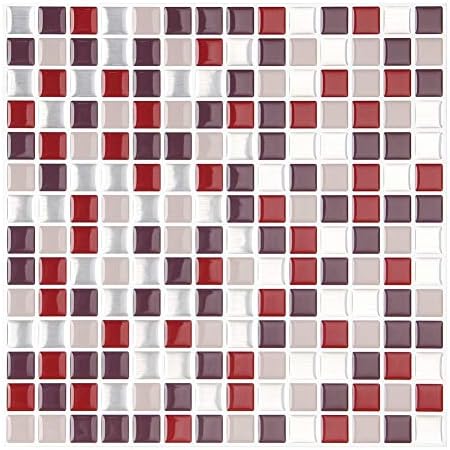 FARONZE Kitchen Mosaic Wall Tiles Peel and Stick Self-Adhesive DIY Backsplash Stick-on Vinyl Wall Tiles for Kitchen and Bathroom 12" X 12" Each, 4 Sheets Pack (Burgundy)