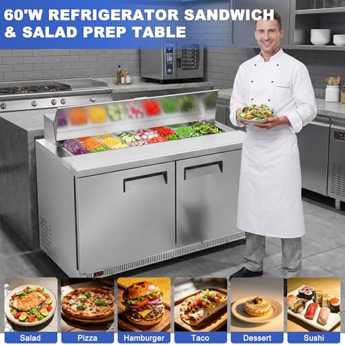Image of Tylza 60 inch Commercial Refrigerator, 16.3 Cu.Ft Sandwich Pizza Prep Table, Mega Top Worktop Fridge w / 16 Pans & Cutting Board, 2-Door Stainless Steel Salad Prep Cooler for Restaurant & Food Truck