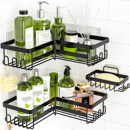 StorageRight Corner Shower Caddy, 3 Pack Adhesive Bathroom Accessories with Soap Holder, Storage Stainless Shower Organizer Shelf with Hooks, No Drilling Shower Shelves for Bathroom, Dorm and Kitchen