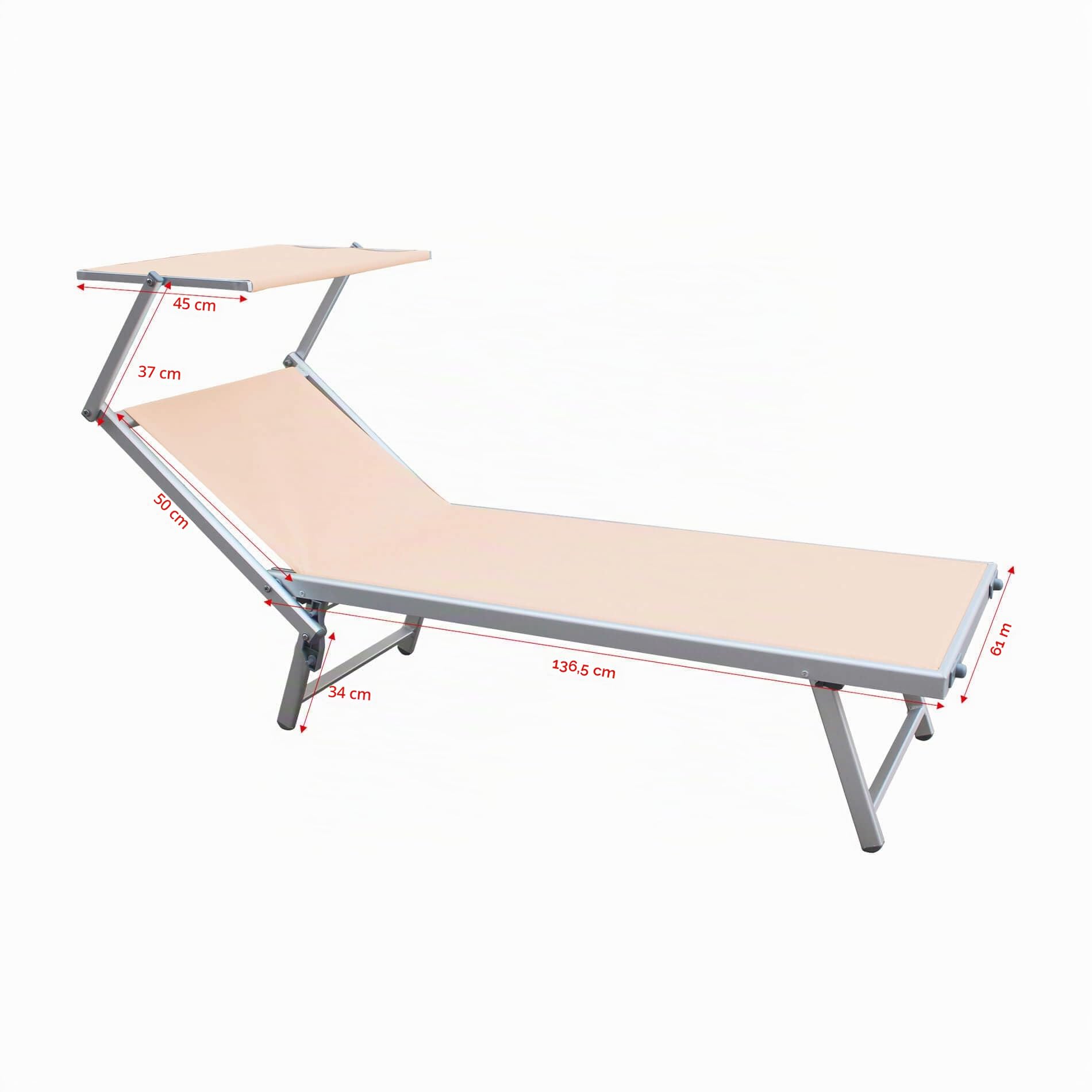 Rebecca Mobili Transat, Chaise Longue Pliable, Beige, Aluminium Polyester, pour Jardin Plage, avec Pare-Soleil Inclinable - Dimensions HxLxP : 38 x 186 x 61 cm - Art. RE7154