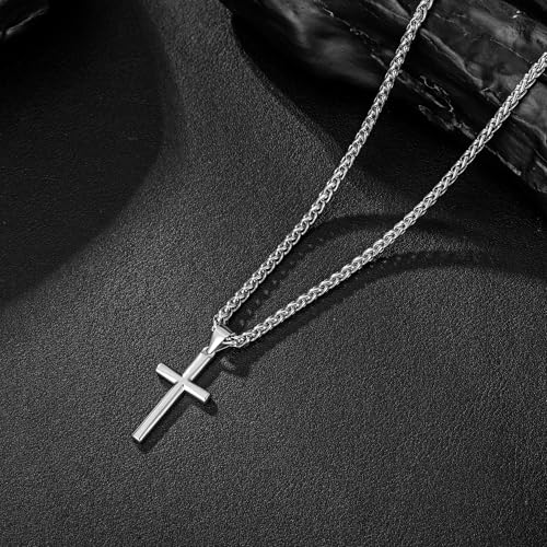 Speroto Silver Cross Necklace for Men, 925 Sterling Silver Mens Cross Pendant with Wheat Chain, Simple Jewelry Gift for Men Women4
