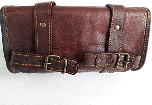 Motorcycle Genuine Goat Leather 2 Strap Buckle Closure Tool Harley Brown Bag Quick Release Clasp Reinforced For Handlebars,Forks, Sissy Bar Swing Arm Motorcycle Tool Roll Bag 10" #TOP3