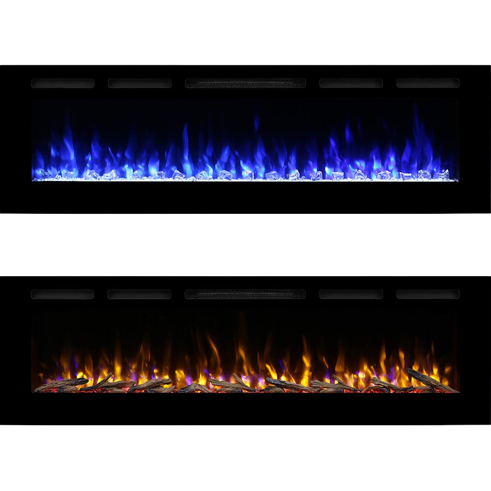RICHFLAME Recessed Electric Fireplace - Bella 68 Inches for 2 X 6 Stud, 14 Fuel Bed Colors - Realistic 4 Flame Colors, 1500/750 Watt Heater, Thermostat and Timer Set by Remote, Log - Crystal, Black