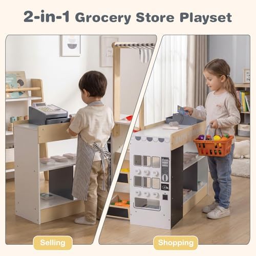 KOTEK Kids Grocery Store Playset, Wooden Supermarket Toy Set with Shopping Cart, Cash Register, Vending Machine, Play Food & Blackboard, Grocery Store Pretend Play Gift for Boys Girls (Natural) — view 2