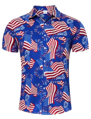uideazone 4th of July Shirts for Mens Independence Day Button Down Shirt Short Sleeve American Flag Patriotic Shirt XL