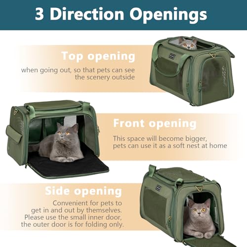 Petsfit Transportbox Hund Katze Faltbar Hundetasche für kleine Hunde Katzen Tragetasche mit verstellbarem Schultergurt & weiches expandierbare Kissen, M/Olivgrün