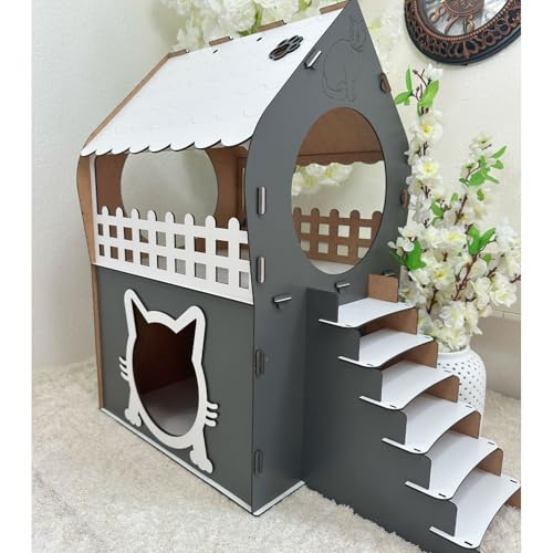 Zweistöckiges MDF Katzenhaus – Anthrazit & Weiß – Werkzeugloser Aufbau – Größen XL, XXL, 3XL (Anthrazit & Weiß, XL)
